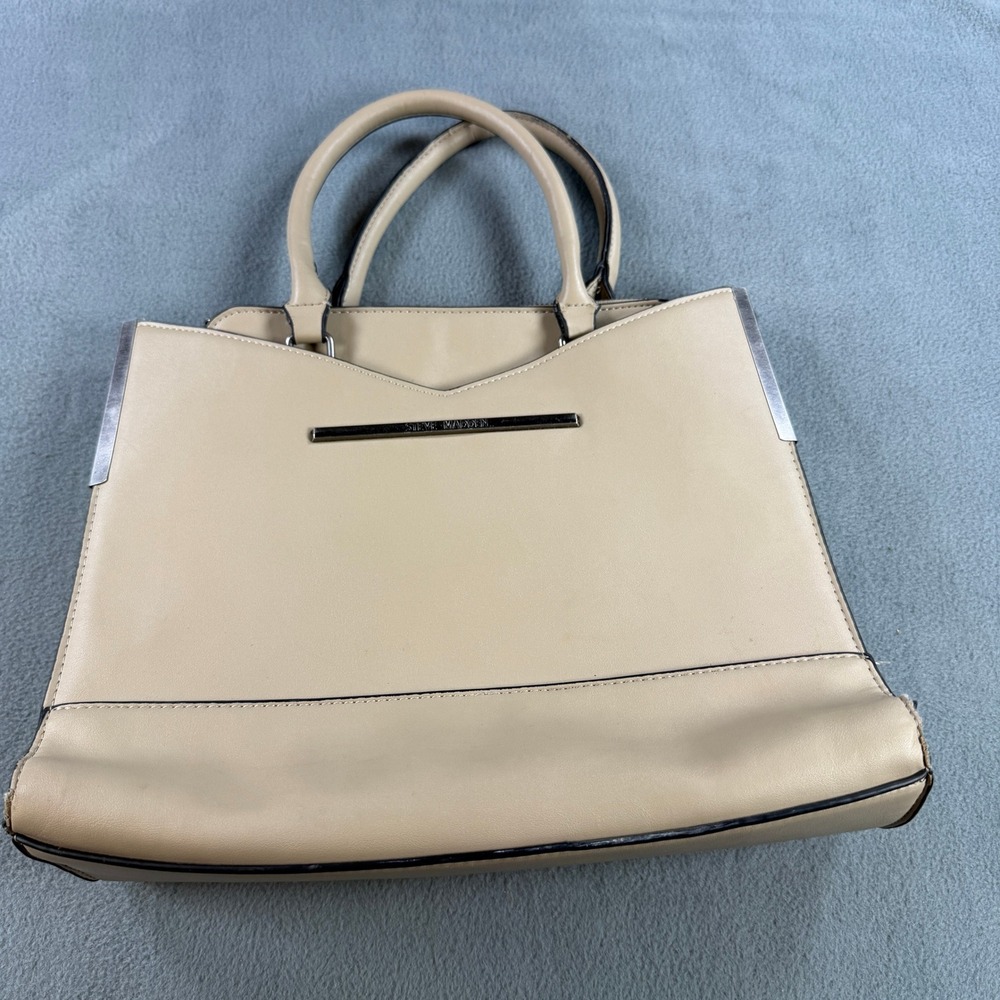 Steve‎ Madden Beige Faux Leather Satchel Handbag Silver Hardware Tote Bag